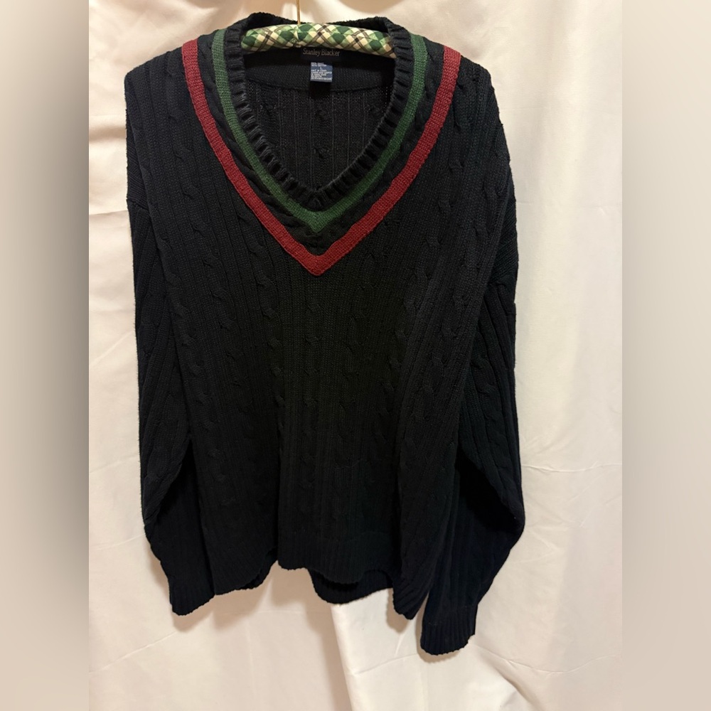 90’s Stanley Blacker Cable Knit V-Neck Sweater Mens L Navy Green/Burgundy Preppy
